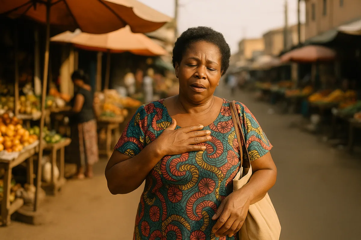 Une femme à Douala s'arrête au marché, la main sur la poitrine, le souffle court