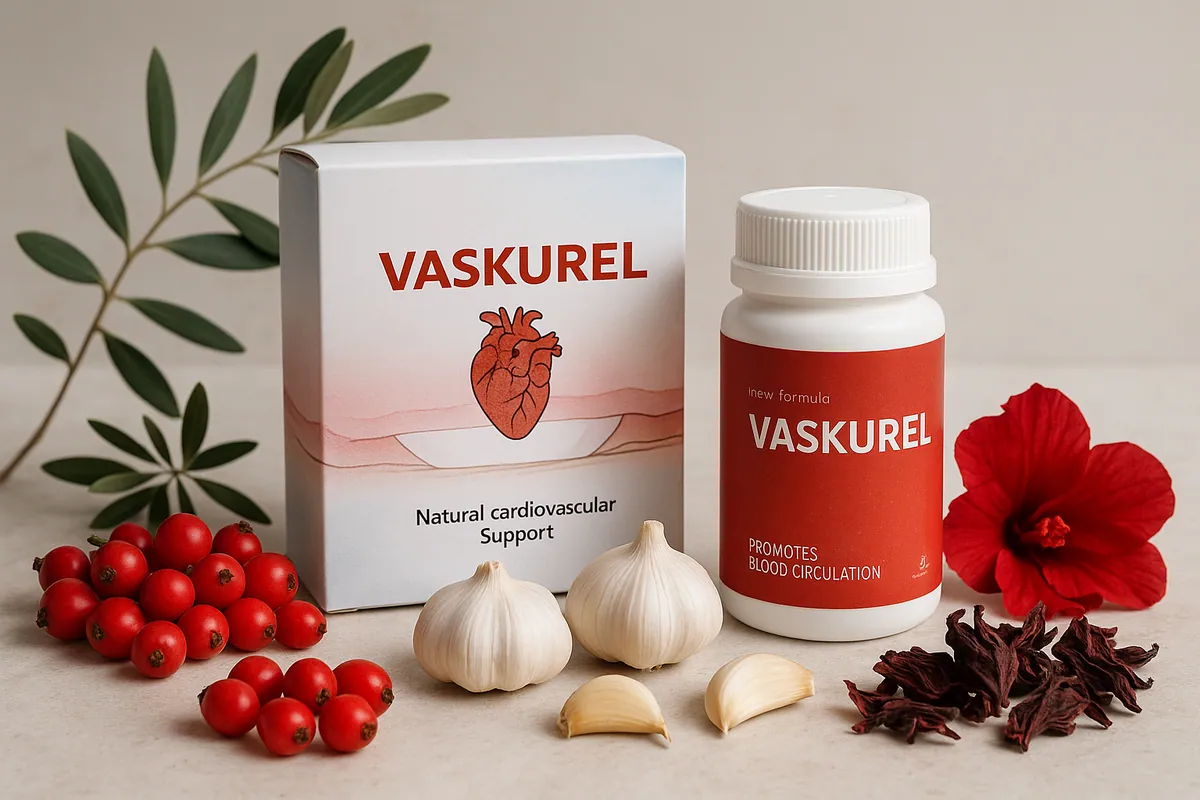 Boîte de Vaskurel avec ses plantes : baies d'aubépine, têtes d'ail, fleur d'hibiscus, feuilles d'olivier