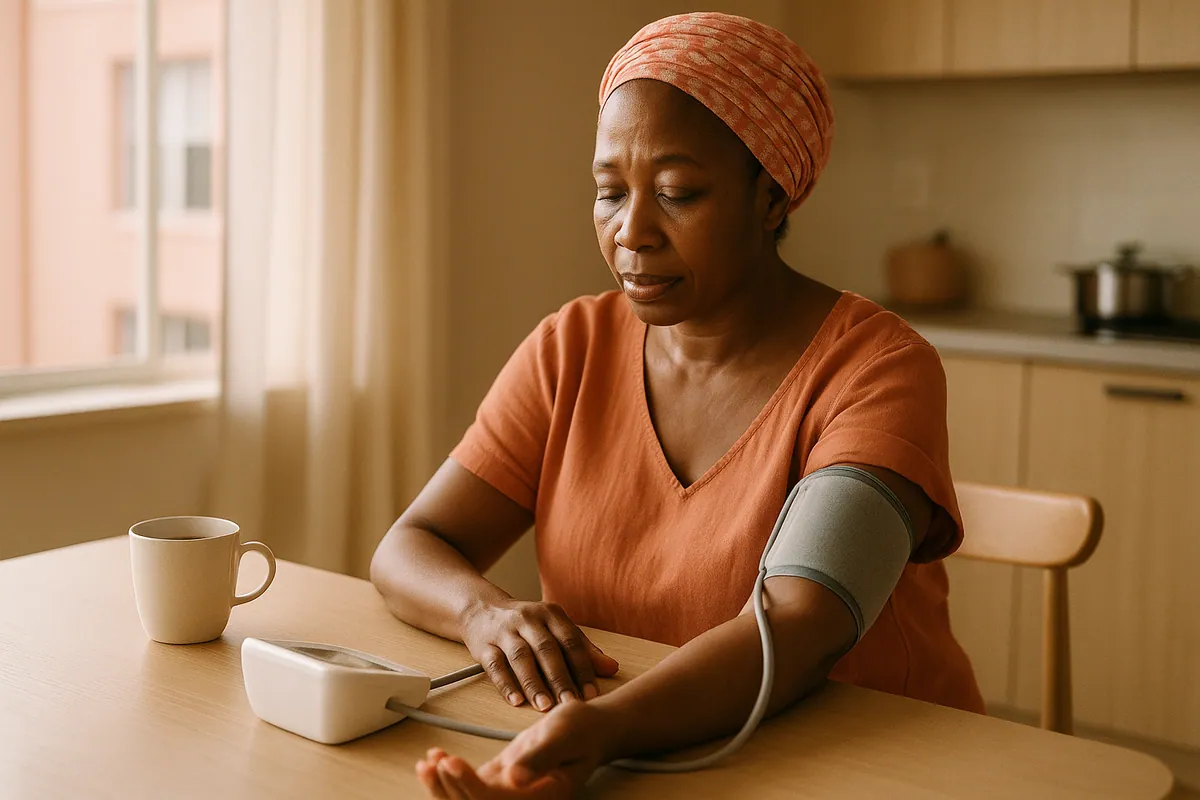 A woman measuring her blood pressure at home with an arm cuff monitor