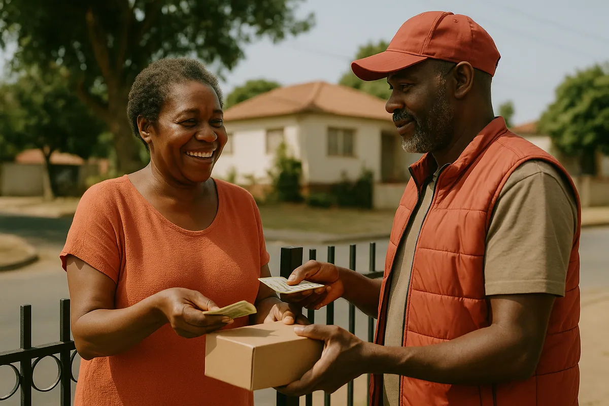 Rider handing a Vaskurel parcel to a buyer paying in cash at the gate