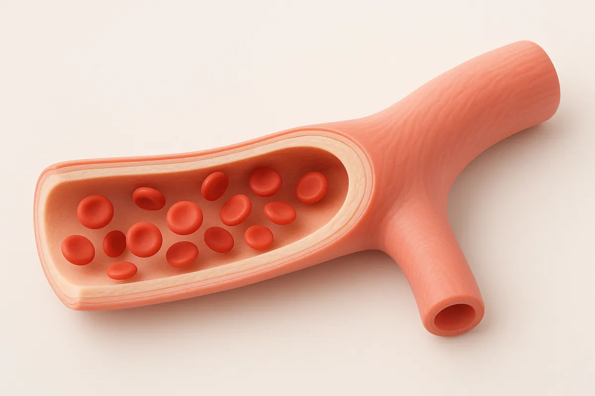 Cross-section of a relaxed artery with free blood flow next to a tense narrowed one