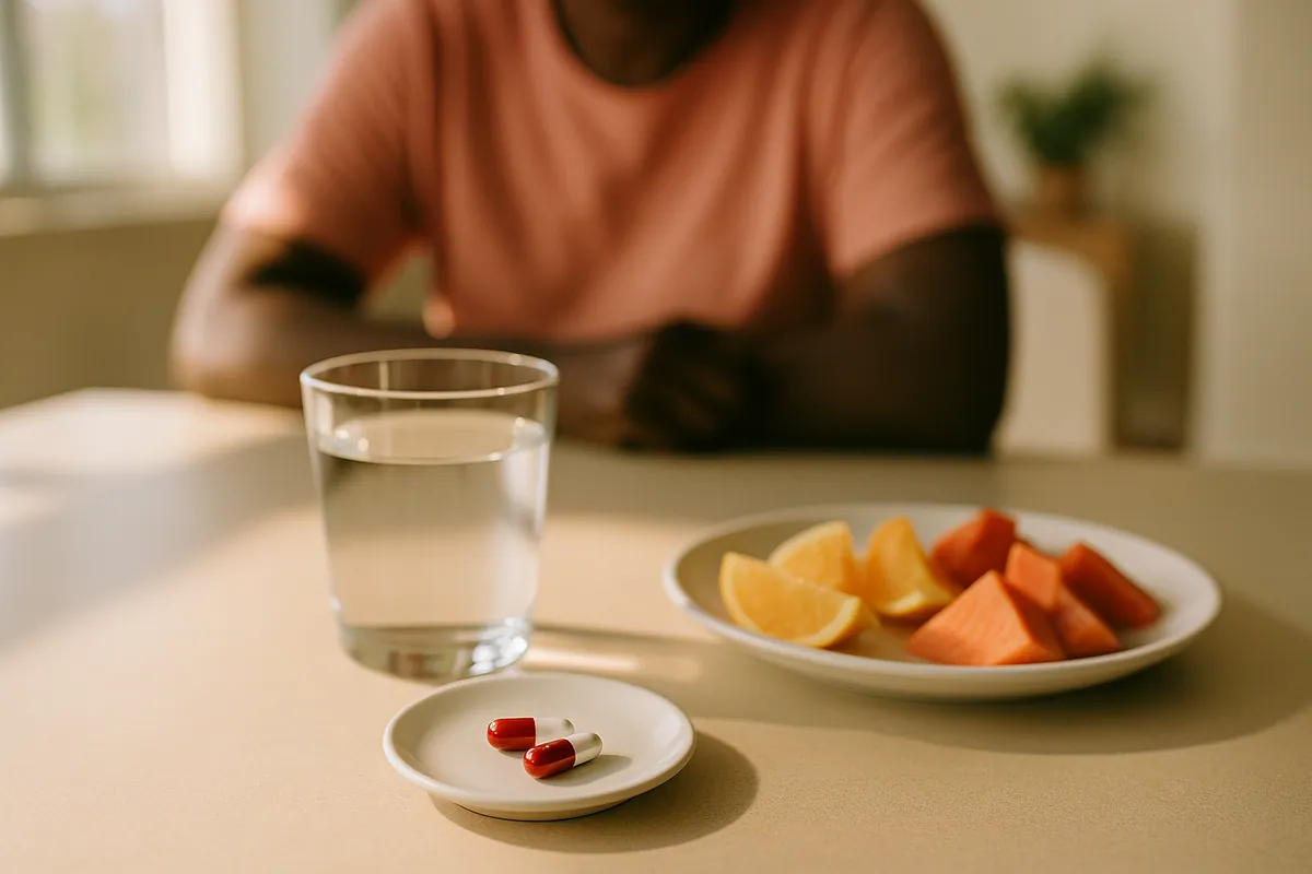 Two Vaskurel capsules on a saucer beside a glass of water at breakfast