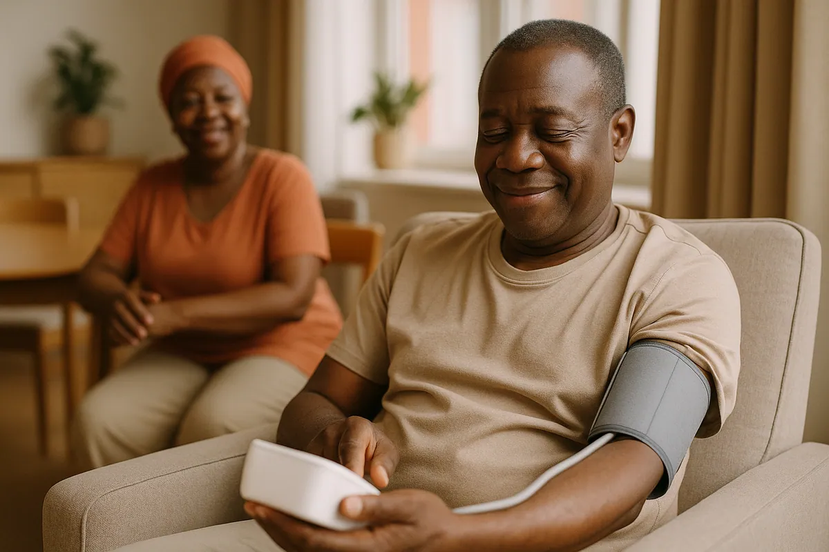 A man in Abuja reading a lower blood pressure result on his home monitor